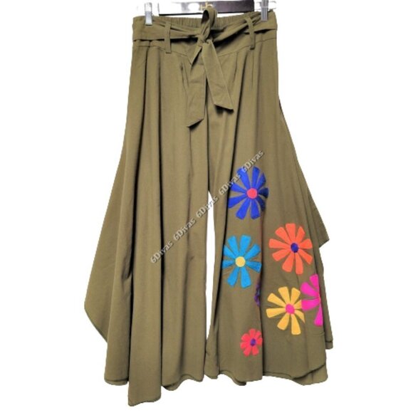 Olive Green Pants Culottes Wide Leg Colorful Floral Embroidered Appliques - Picture 1 of 13